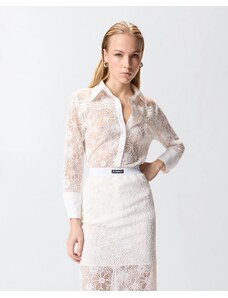 Top da donna con fiori in pizzo, a maniche lunghe, con colletto alto, in rete, sexy, sottile, per il tempo libero, colore nero, bianco, S