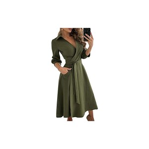 Vestito Donna Scozzese Con Stile Camicia - Manica Lunga, Vita Alta, Gonna Corta, Tessuto Poliestere - Foto 12