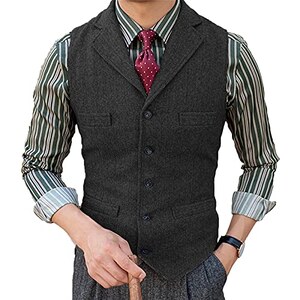 Gilet da uomo in tweed casual scozzese a spina di pesce vestito di lana slim fit per matrimonio, Earthen, Small