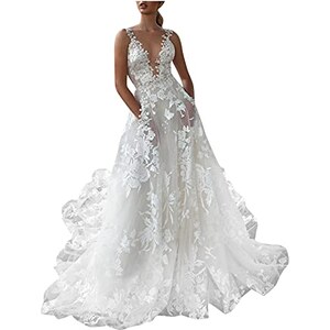 Eleter Abito Lungo In Pizzo Floreale Con Scollo A V – Maniche Corte, Vita Alta, Bianco - 3