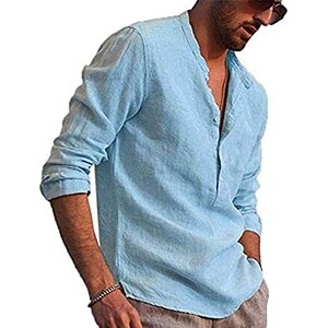 SISXIULYN Uomo Camicia In Lino Manica Lunga A Tinta Unita Bottoni Camicie Estive Beach Shirt