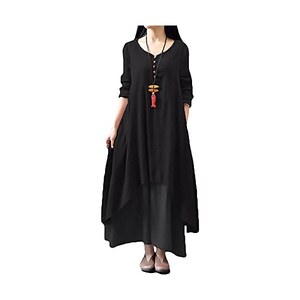 Vestito Lungo Donna In Cotone Lino - Boh&eacute;mien Con Tasche E Scollo A V