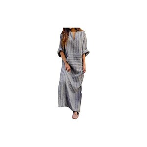 Abito da donna in cotone e lino, casual, tinta unita, scollo rotondo, con tasca e bottoni, a maniche lunghe, per ufficio, lavoro, taglie forti, alla moda, abito lungo al ginocchio, con tasche