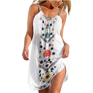 Abito estivo da donna, senza maniche, scollo rotondo, sexy, per feste, alla moda, con stampa, vestibilità aderente, casual, comodo, a tunica, da cocktail, da ballo, Rosa acceso., XXL