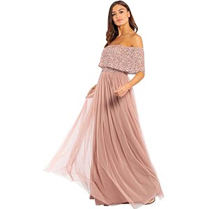 Maya Deluxe Abito da Sera Midi Impreziosito da Donna, Scollo a V con Maniche Corte, per Ballo di
