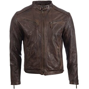 Giacca In Pelle Da Motociclista Uomo Stile Cafe Racer - Effetto Invecchiato Nero, Trapuntata, Vintage Giacca Pelle Motociclista