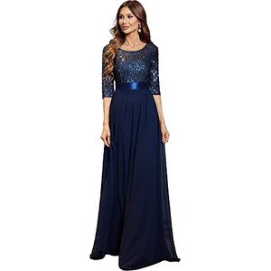 Ever-Pretty Abito Cerimonia Donna Paillettes Maniche a Volant Chiffon Tulle Girocollo Abito da Ospite Brillante Blu Navy 36