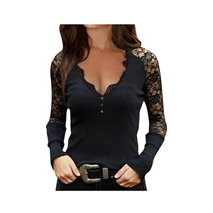 TFSDOD Camicette estive da donna con scollo a V e spalle scoperte, in pizzo, a maniche corte, tinta unita, Blu Bianco Floreale, L