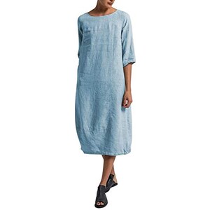 Abito Camicia Donna In Lino Floreale - Manica 3/4, Tasche, Stile Boho - Taglie Forti