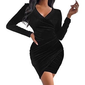 CUPSHE Abito Autunnale Donna A Maniche Lunghe – Scollo A V, Increspato, Con Cintura – Mini Cocktail