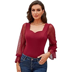 Camicia Blusa Donna In Velluto Manica Lunga Con Bottoni E Scollo A V - Rosso Ufficio