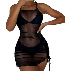 Slip Bikini Donna Con Coulisse Laterale In Rete Trasparente – Costume Da Spiaggia Estivo, Nero, Taglia L
