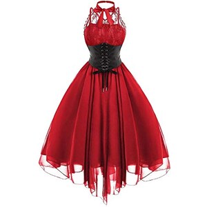 Vestito Medievale Donna Tinta Unita con Maniche a Sbuffo Abito Gotico Rinascimentale Solido Gonna a Volant in Rete Vintage Elegante Vestiti da Sera da Cocktail Cosplay Festa di Halloween