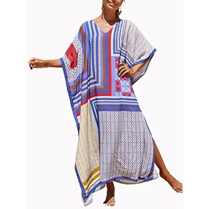 Kaftano Lungo Donna Kaftan In Poliestere Con Ricami Etnici – Abito Spiaggia Copricostume, Copribikini Leggero Con Scollo A V E Spacchi Laterali
