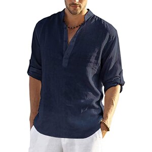 Camicia Uomo In Lino E Cotone Maniche Lunghe – Modello Henley Scollo A V, Casual, Traspirante, Perfetta Per Spiaggia E Ufficio, Regalo Ideale
