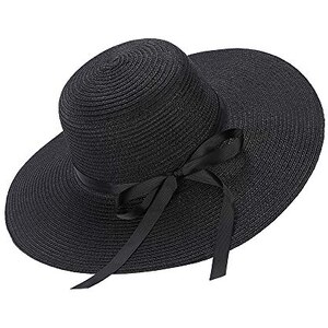 Chapeau Femme En Paille Bonsui Avec Gros Nœud Noir - Modèle 'Black String Hat', Neuf Avec étiquettes