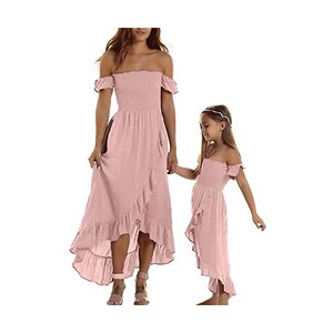 Loalirando Abito Mamma e Figlia Uguali Vestiti Elegante Cerimonia Vestito in Tinta Unita Spalle Scoperte Mamma e Figlia Abbigliamento Estivo Festa Compleanno Rosa Mamma Small Stileo