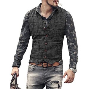 Tiavllya Gilet da uomo in tweed plaid vintage in lana a scacchi slim