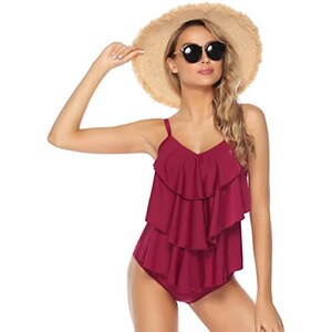 Tankini Donna Con Maniche A Volant - Costume Da Bagno Elegante Con Coulisse E Reggiseno Push-Up - Foto 4