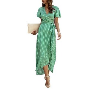 NAIXUE Abito Longuette A Pieghe Con Scollo A V Elastico In Vita Da Donna Abito Longuette Estivo Con Maniche Corte A Sbuffo Abito A Trapezio A Pois Svizzeri Con Tasche 120078484