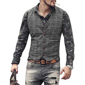 Solove-Suit Gilet Da Uomo In Gilet Scozzese Tweed Slim Fit Per Groomsmen Da Sposa Grigio Xxl 108250175
