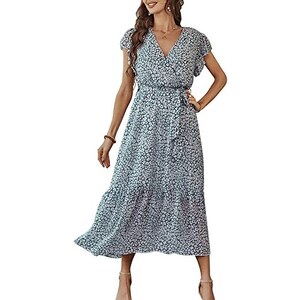 OUGES Vestito Estivo Floreale A Maniche Corte – Scollo A V, Tasche Laterali, Taglio A, Comodo E Traspirante Per Donna