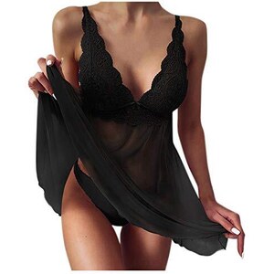 Voqeen Pigiama Babydoll Abito Pizzo Lingerie Hot Ricamo Seno Donna con Perizoma Trasparente