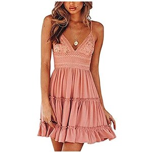 Vestito Estivo Donna Con Scollo A V E Volant - Abito Spiaggia Casual In Poliestere E Spandex