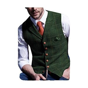 Gilet Uomo Elegante In Tweed Scozzese - Slim Fit, Senza Maniche, Per Matrimoni - Foto 5