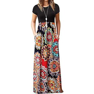 Vestito Lungo Donna Con Stampa Floreale - Manica Corta, Scollo A V, Per Estate E Spiaggia