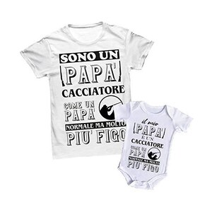 Coppia Tshirt Body papà e Neonato - Festa del papà - Questo papà è Un Cacciatore - Il Mio papà è Un Cacciatore - Idea Regalo Festa del papà - Body Neonato