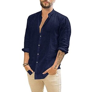 J.VER Camicie da Uomo in Lino Casual con Bottoni a Maniche Lunghe, Scollo Aperto, Camicie da Spiaggia estive con Tasca, Bianco, X-Large, Bianco, XL
