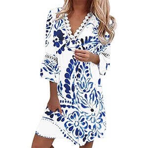 QWUVEDS Abiti estivi da donna per il 2022 Abito in stile etnico con finiture in pizzo e scollo a