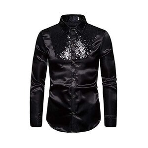 JOGAL Camicia Uomo Con Paillettes Blu Reale E Argento, Maniche Lunghe, Vestibilità Slim, Stile Anni '70 Per Discoteca E Feste