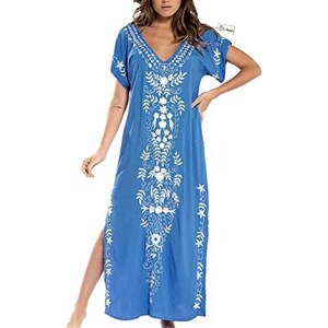 Donna Kaftano Abito Lungo Da Spiaggia Con Ricami Floreali – Copricostume Copribikini Leggero, Scollo A V, Maniche A Pipistrello - 3