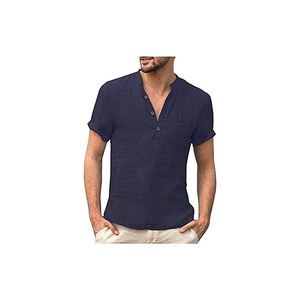 LVCBL Camicia da uomo a maniche lunghe, in lino, stile retrò, stile casual, stile medievale, vintage, vichingo, Nero , XL