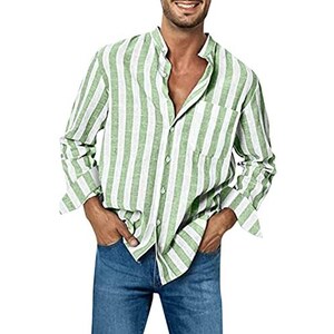 Modaworld Camicia Da Uomo In Lino A Righe Casual Camicie Con Bottoni