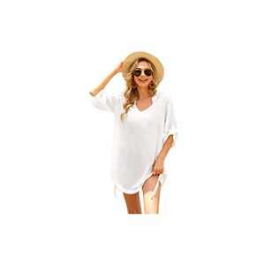Rayson Copricostume Donna Mare, Camicetta Scollo a V Elegante, Cover Up Lungo, Vestito Colletto in Piedi, Coprire Bikini, Button Down Abito Spiaggia con Coulisse,Bianco