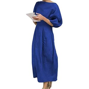Abito Lungo Maxi In Misto Cotone Lino: Scollo A V, Maniche Lunghe, Orlo Asimmetrico Con Tasche