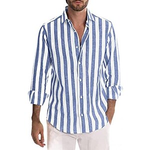 Modaworld Camicia Da Uomo In Lino A Righe Casual Camicie Con Bottoni