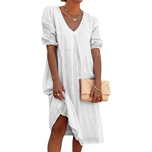 Vestito Donna Estivo In Cotone - Maniche Corte, Sciolto, Girocollo Tinta Unita - Foto 5