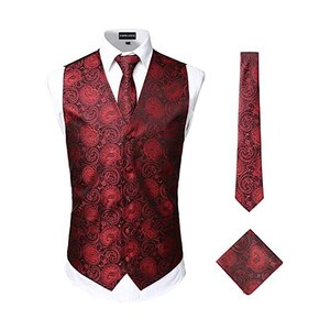 YOHOWA Set Da 6 Gilet Da Uomo Con Tasca Per Cravatta, Gemelli Quadrati, Spilla Con Fiore Cachemire E Scollo A V, In Seta, Perfetto Per Occasioni Formali E Informali, Fiore Rosa., L - 5