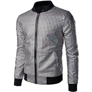 JOGAL - Camicia da uomo con paillettes a maniche lunghe, stile anni '70, nero/argento, M