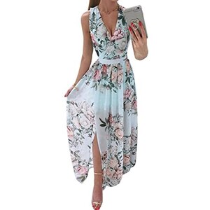 SAMHO Abito Lungo Da Donna Con Scollo A V Profondo A Maniche Corte Plissettato A Vita Alta Con Spacco Per Discoteca Feste Serate Lago 48 127672237 - Foto 6