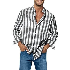 Modaworld Camicia Da Uomo In Lino A Righe Casual Camicie Con Bottoni