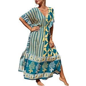één Maat Vakantie Jurk L-Peach Loungewear Kaftan - Oversized Strandjurk, Nachtjurk, Cover-up, één Maat, Etnische Print Oversized Strandjurk één Maat