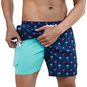 QQIAEJIA Costume da bagno da uomo a fungo, pantaloncini da bagno estivi ad asciugatura rapida, con fodera in rete e tasche, bianco, XL