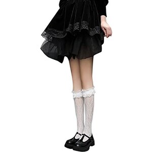 Calze A Rete Alte Al Ginocchio In Pizzo Lolita – 2 Paia, Nylon, Con Fiocco E Volant, Per Cosplay E Feste A Tema, Taglia Unica Elastica