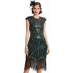 BABEYOND Vestito Anni '20 Donna Con Paillettes E Frange - Abito Da Flapper In Stile Gatsby, Scollo A V, Lunghezza Midi, Per Feste A Tema E Halloween
