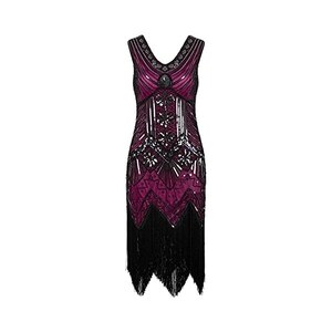 Abito Da Donna Stile Gatsby Anni '20 - Con Paillettes, Scollo A V, Frange, Per Feste E Serate Eleganti